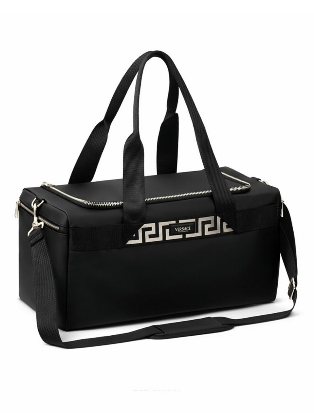 Versace Black Duffel Bag with Silver Greek Key Accents